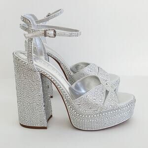 Gianni Bini Chrome Rhinestone Sparkly Silver Sandals Platform Heels Size 9.5